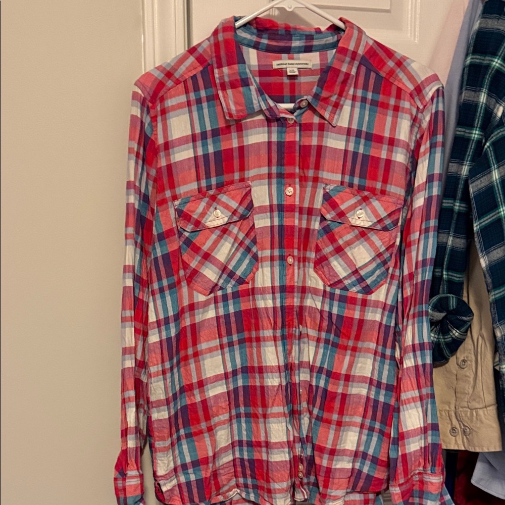 American Eagle Outfitters Red and Blue Plaid Button Down Shirt